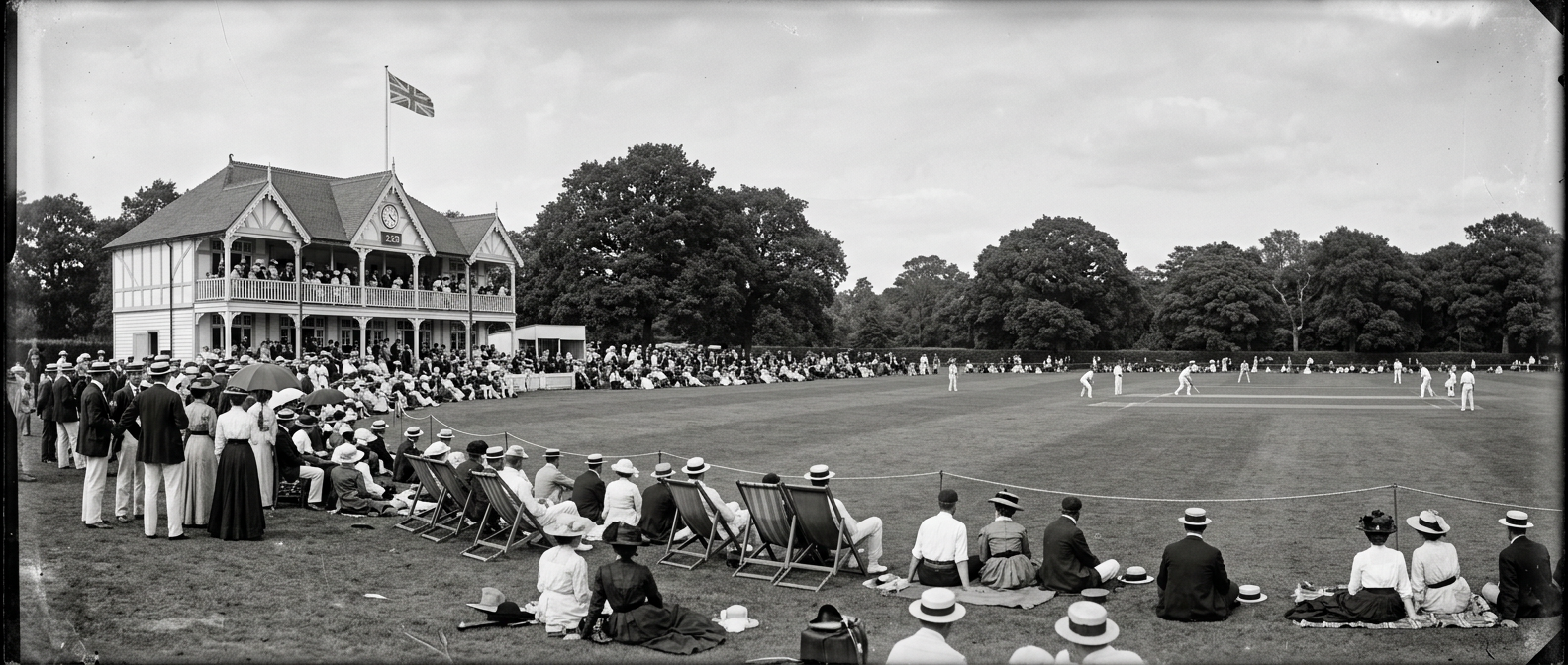 An Edwardian cricket match at an English ground, with spectators gathered on the grass before a white timber pavilion.